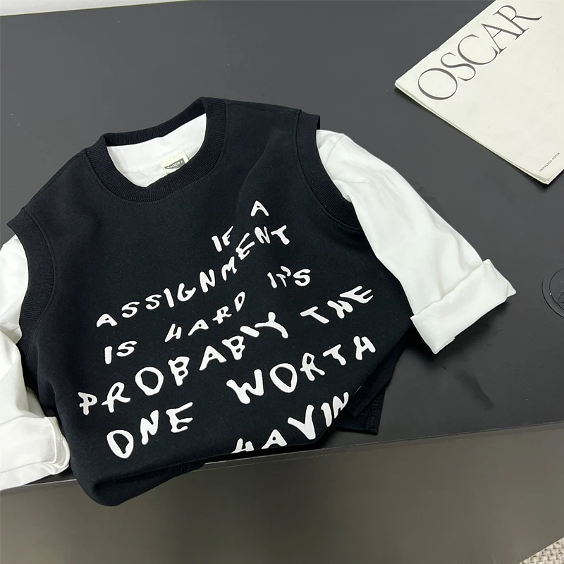 男童真两件卫衣马甲2025秋季新款韩版男宝宝上衣套头衫字母软糯潮