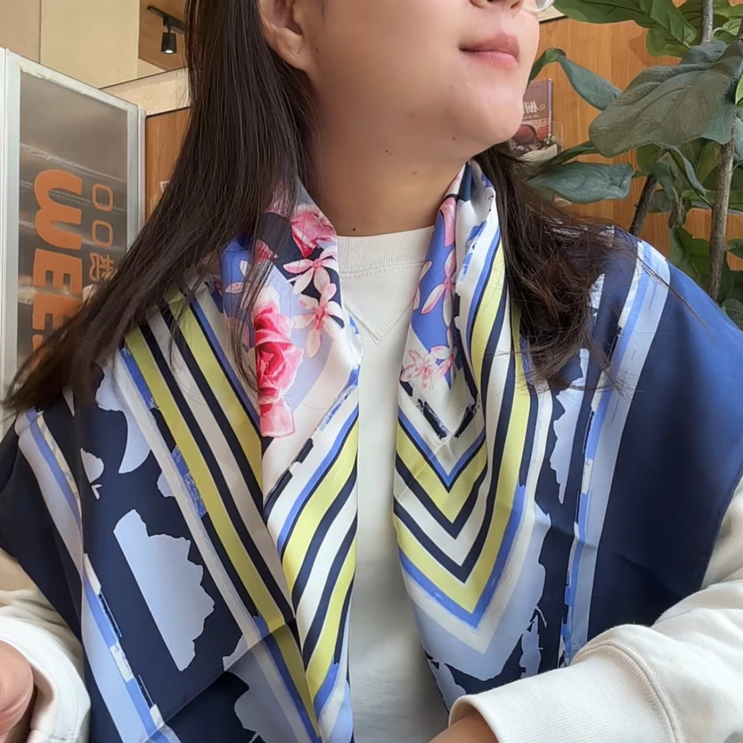 夏季高档印花真丝斜纹绸大方巾女士88cm时尚桑蚕丝丝巾手卷边围巾