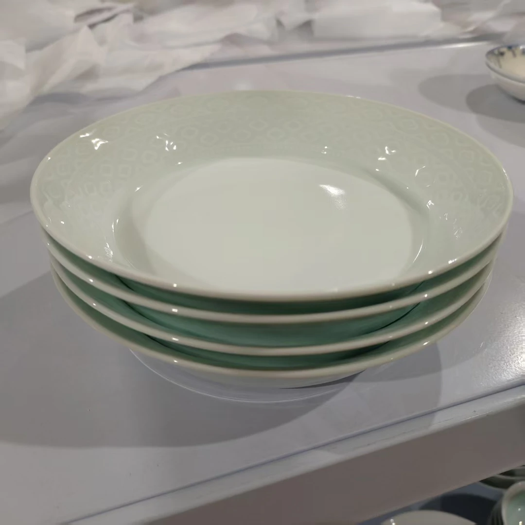 景德镇餐具【微瑕尾货】影青菱纹8寸饭盘4个装