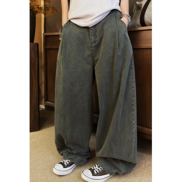 HY1987春秋韩版显高半松紧腰弯刀牛仔裤大码宽松复古显瘦百搭