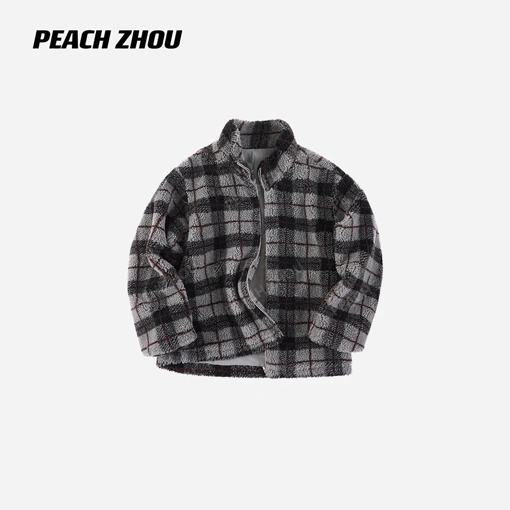 PEACHZHOU 摇粒绒格纹Miu系宽松立领拉链外套休闲可调节保暖夹克
