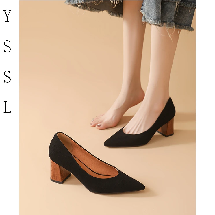 【原始森林】抗震静音单鞋时尚粗跟高跟鞋/磨砂皮尖头浅口高跟鞋子