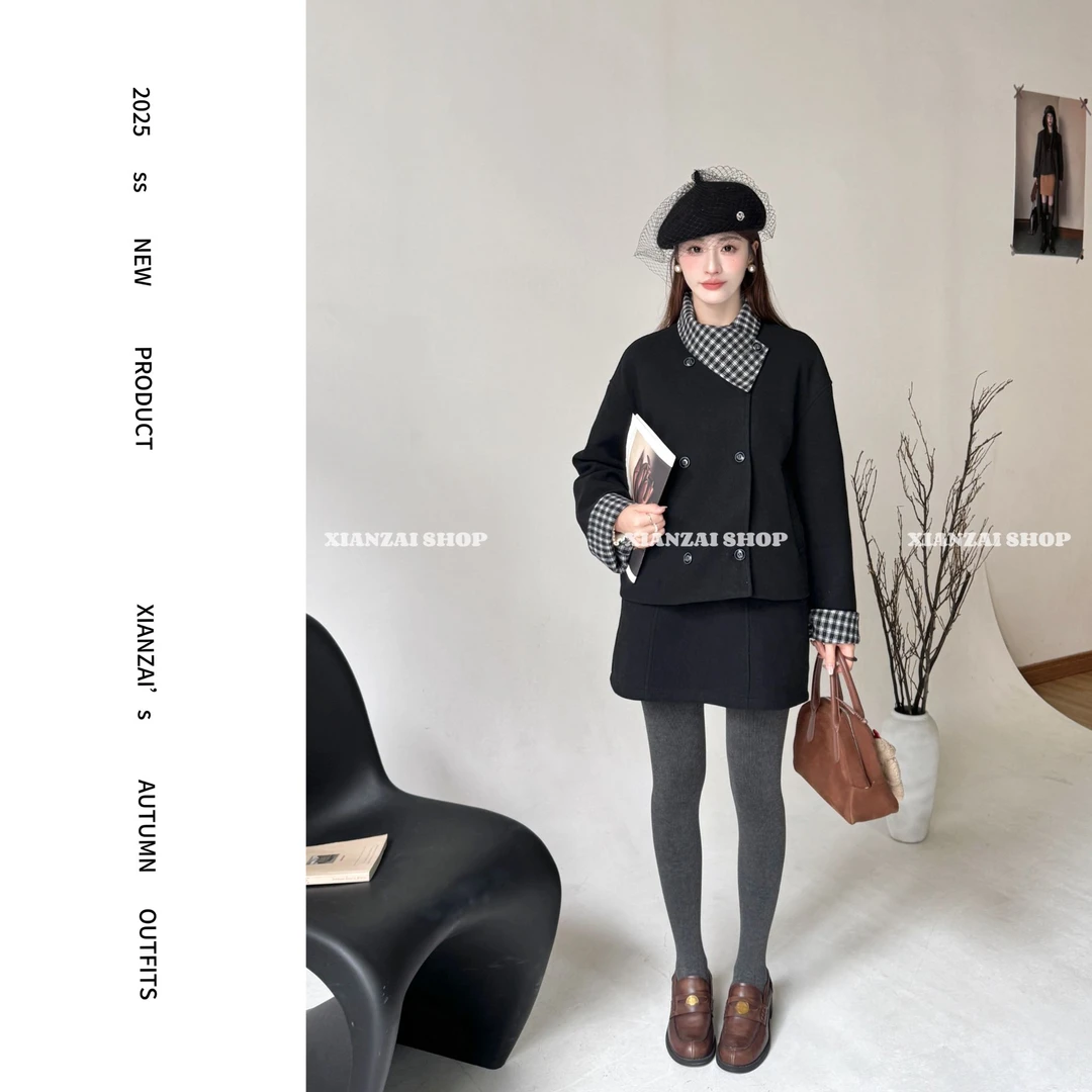 XIANZAI【主理人】冬季新款格纹拼接绵羊毛羽绒外套短裙两件套装