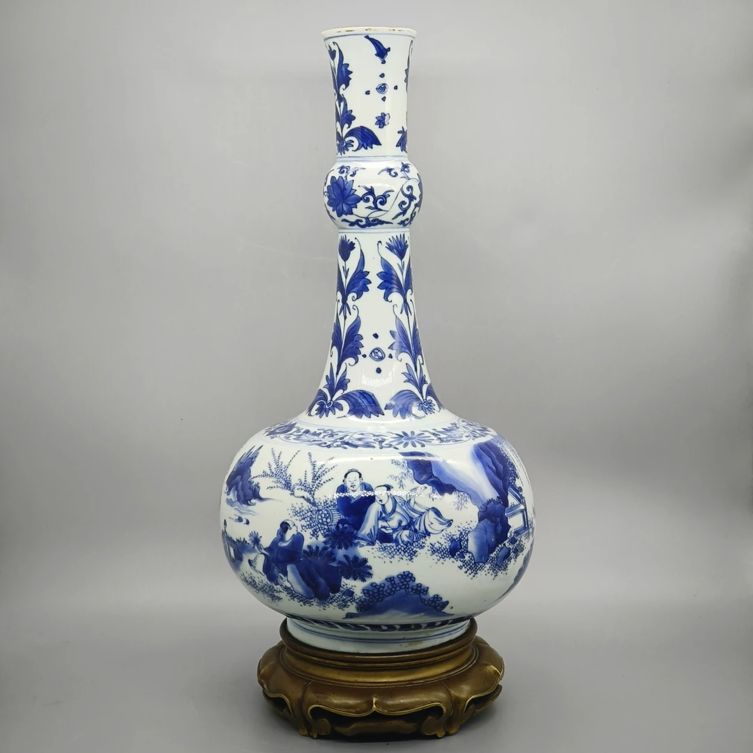 42501108*分链接2-1*明崇祯青花高仕图长颈瓶/瓷器四