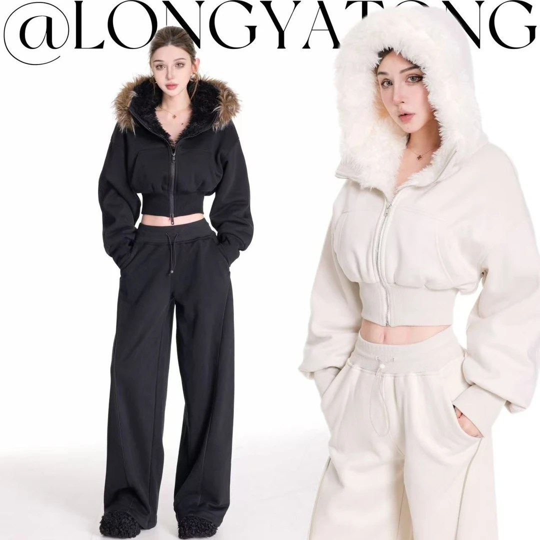 龙牙童推荐【松弛lulu】秋冬复古港味女装秋套装运动休闲加绒连帽