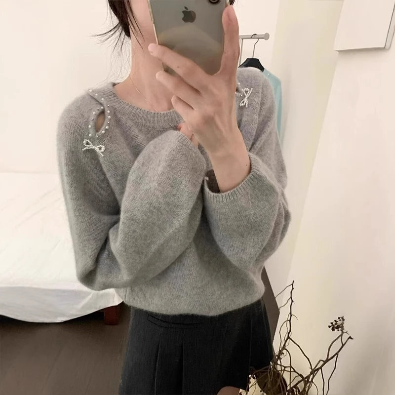 温柔风软糯灰色仿浣熊绒毛衣女秋冬奶fufu慵懒风外穿镂空针织上衣