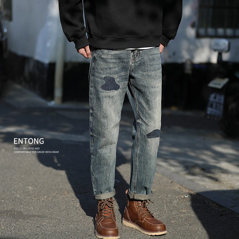Entong水洗牛仔裤男款春季美式高街设计感cleanfit复古直筒长裤子