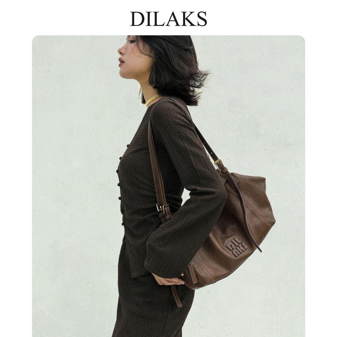 DILAKS官方正品2025新款植鞣羊皮通勤单肩包慵懒饺子包