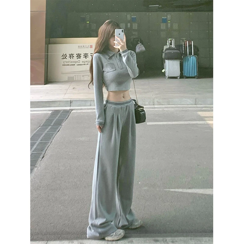 美式炸街休闲套装女秋款小众短款翻领百搭长袖高级感宽松长裤套装