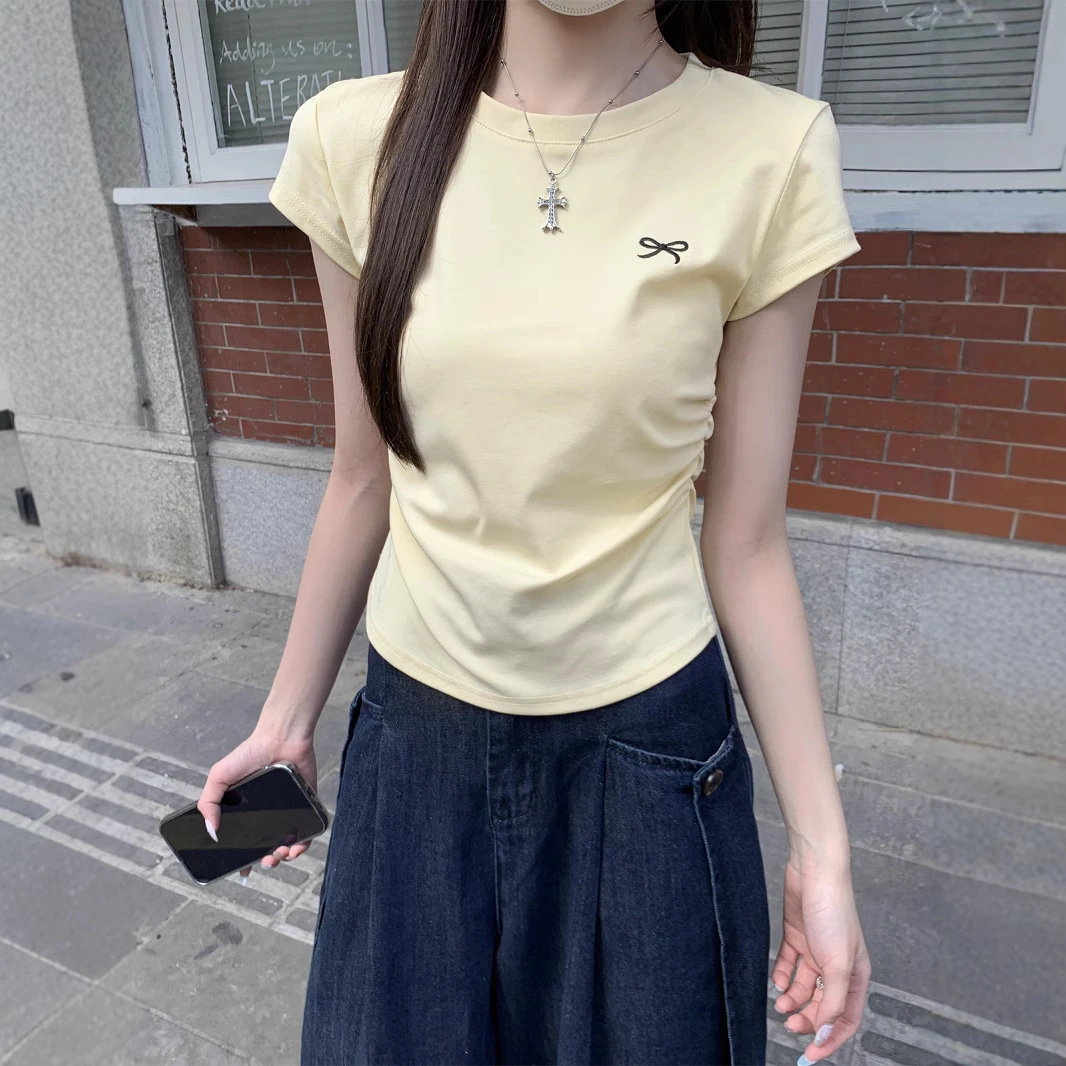 韩系蝴蝶结刺绣圆领短袖T恤2025夏季新款修身显瘦百搭褶皱上衣女