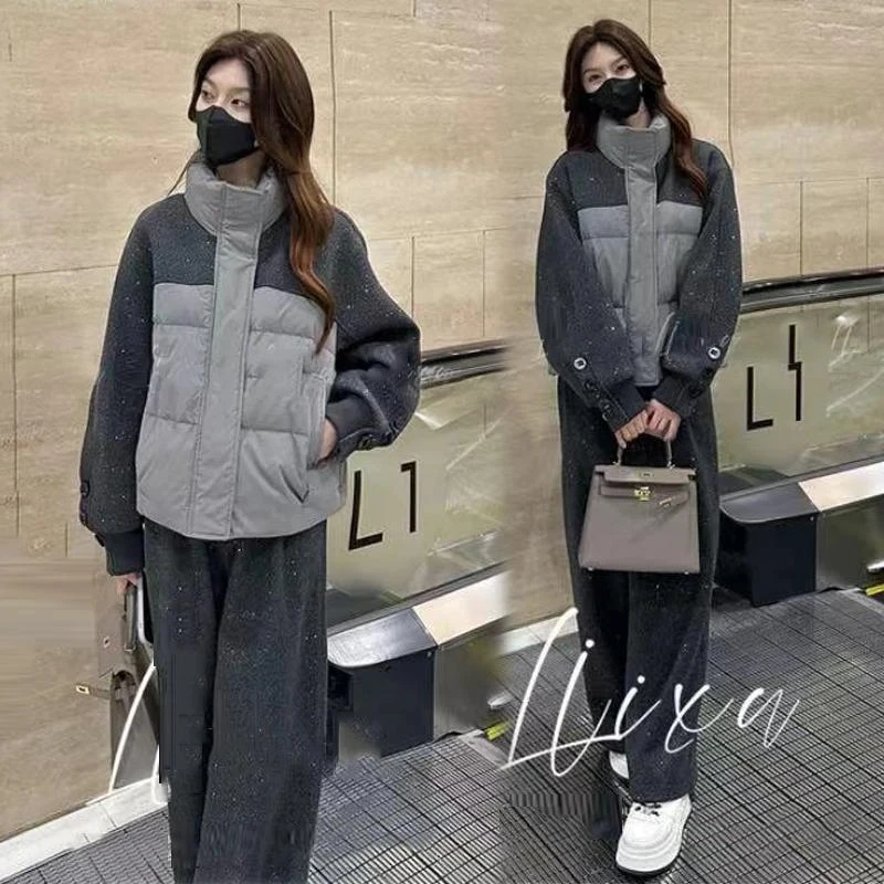 2025冬季新款时尚洋气毛呢拼接棉衣阔腿裤两件套满天星休闲套装女