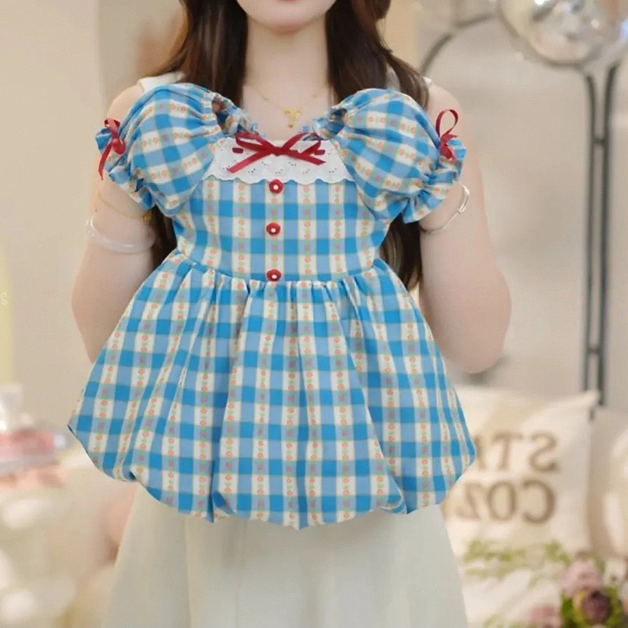 YIZUN.CHOMEL裙夏季新款儿童洋气蓝格子裙宝宝夏装短袖连衣公主裙