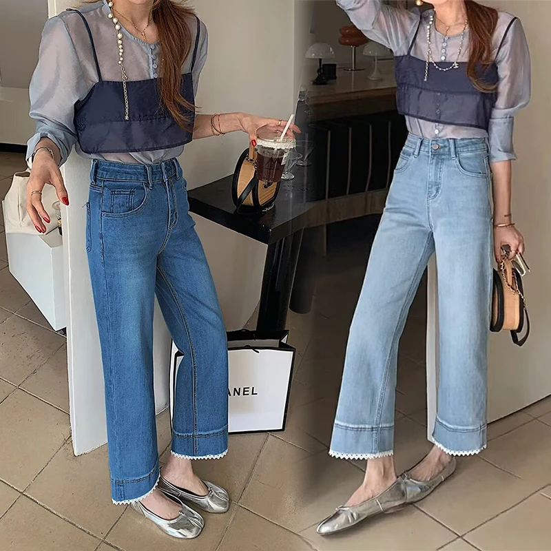 春款蕾丝花边高弹牛仔裤大码胖mm高腰宽松显瘦百搭直筒阔腿长裤