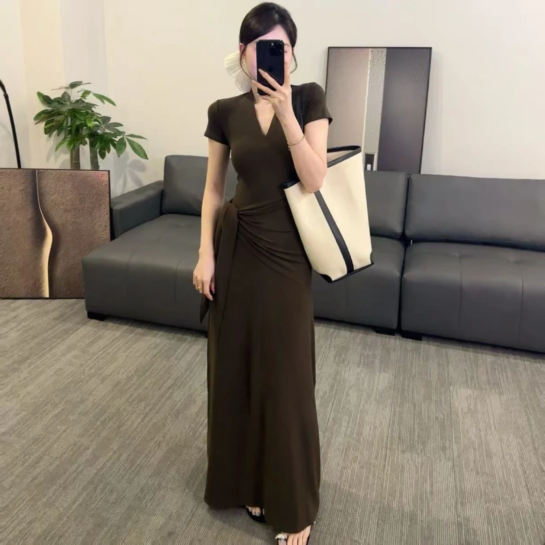 【OS&oneshow】夏季时尚显瘦修身气质套装收腰长裙短袖V领两件套