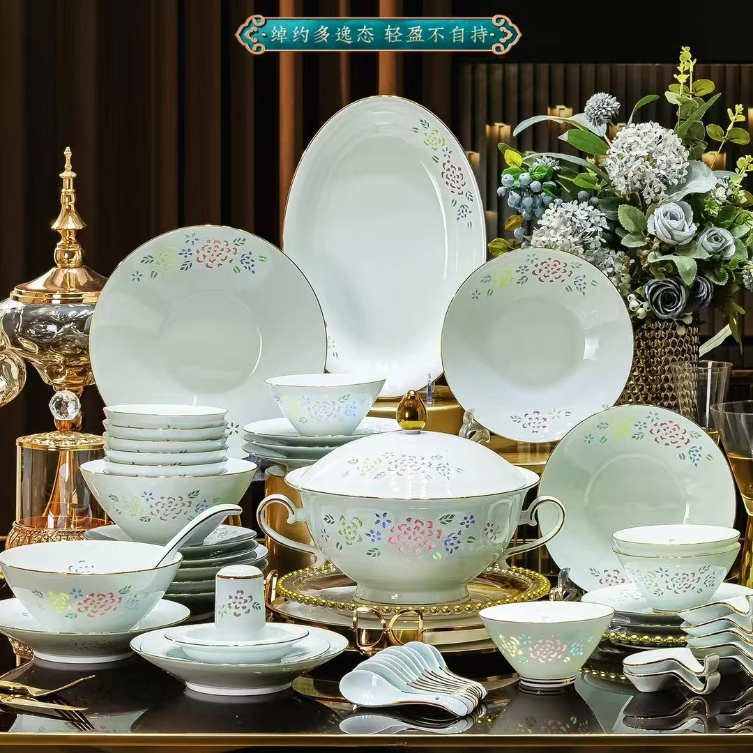 景德镇陶瓷影青瓷五彩玲珑瓷牡丹餐具套装碗碟盘高温中式乔迁送礼