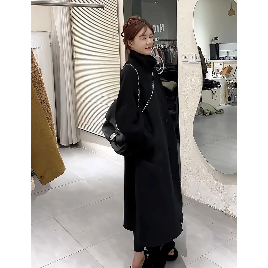 冬季韩版设计感立领双面羊毛大衣女新款黑色小个子中长款毛呢外套