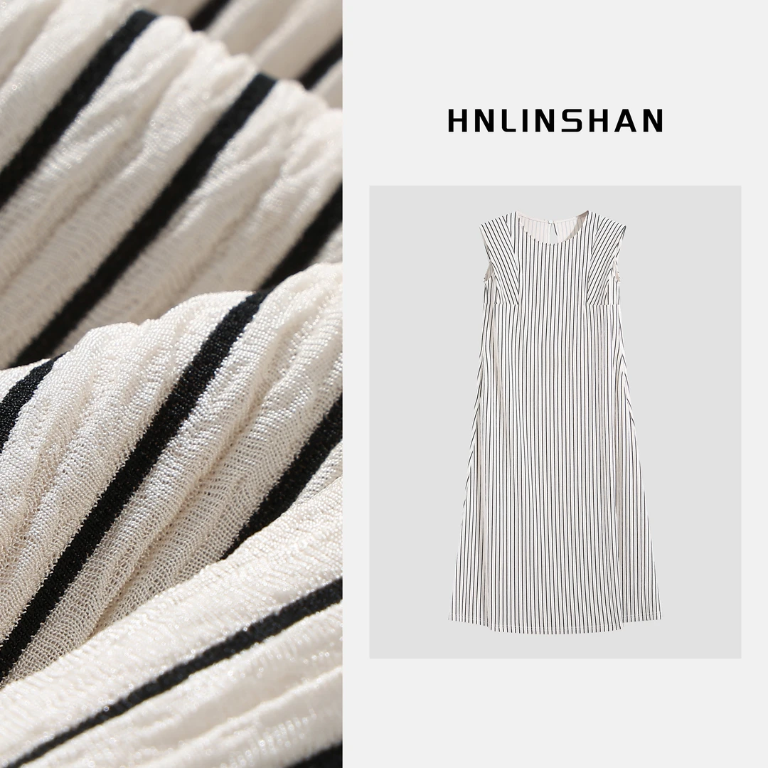 HNLINSHAN【杂志画报】拼接条纹无袖连衣裙BXQ2001