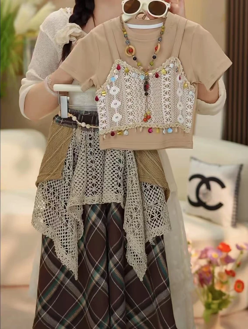 米小逗女宝2025独特洋气时髦女童装新款短袖拼接格子长裙套装R053