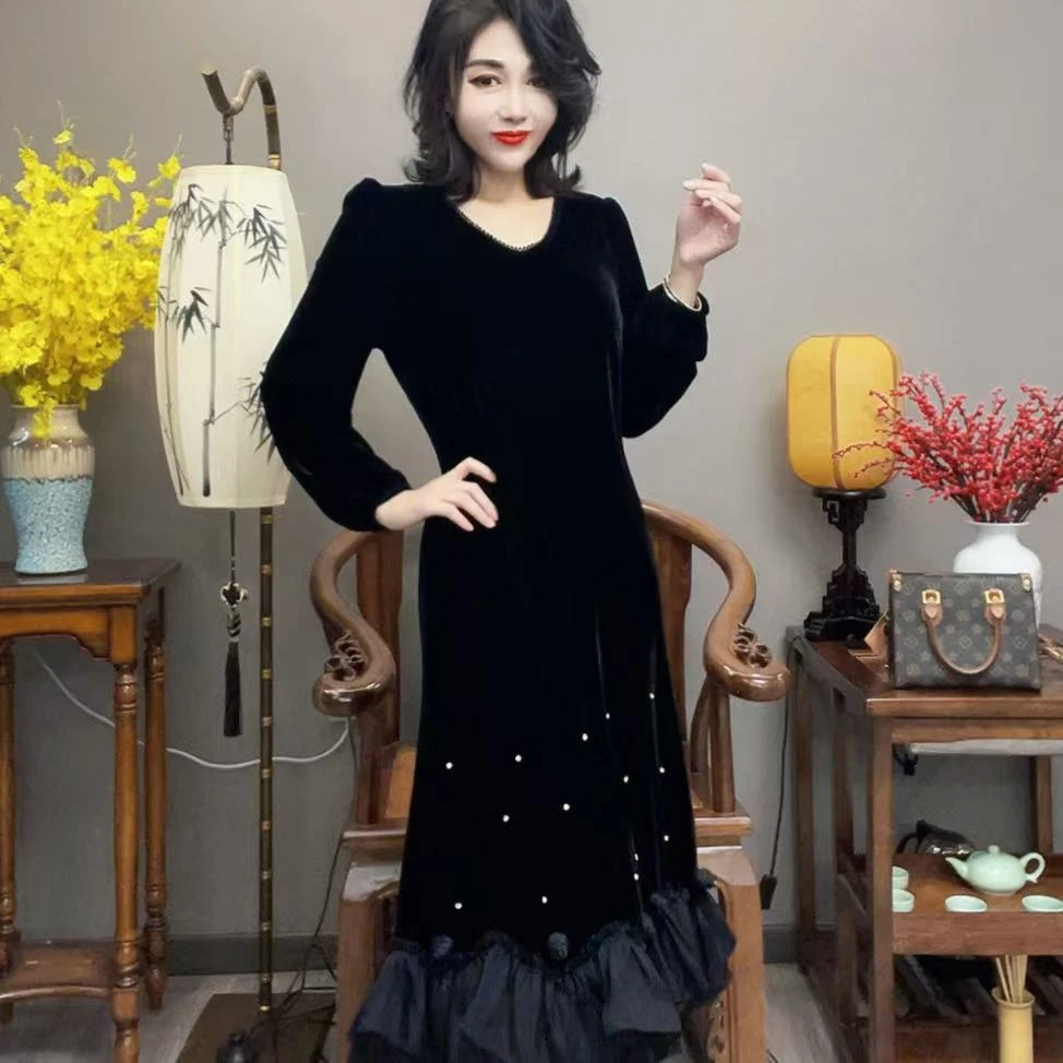 【峰姐甄选】时尚花朵下摆丝绒连衣裙1221【MN】
