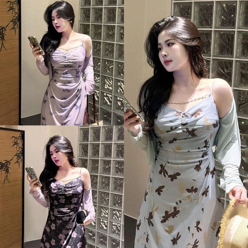 大码胖mm法式纯欲吊带连衣裙女2025夏季新款设计感网纱开衫长裙子