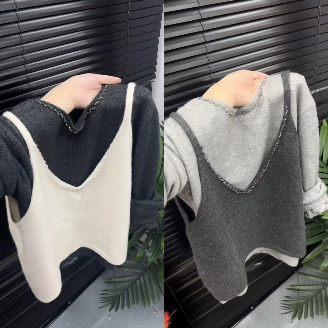 假两件拼接吊带撞色针织衫女2025秋冬新款洋气大码显瘦百搭毛衣