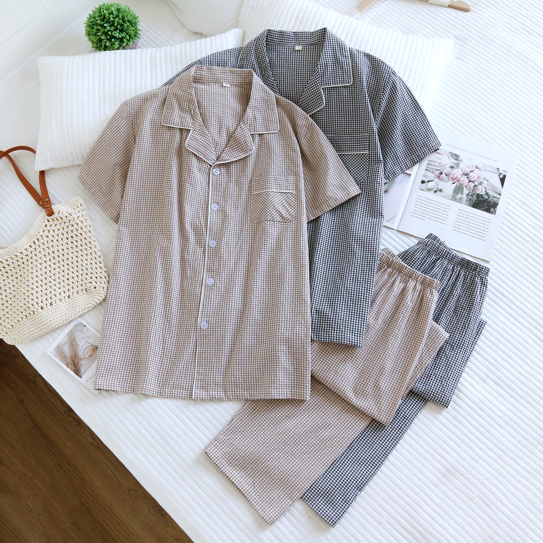 男士纯棉套装短袖长裤格子睡衣薄款休闲宽松家居服