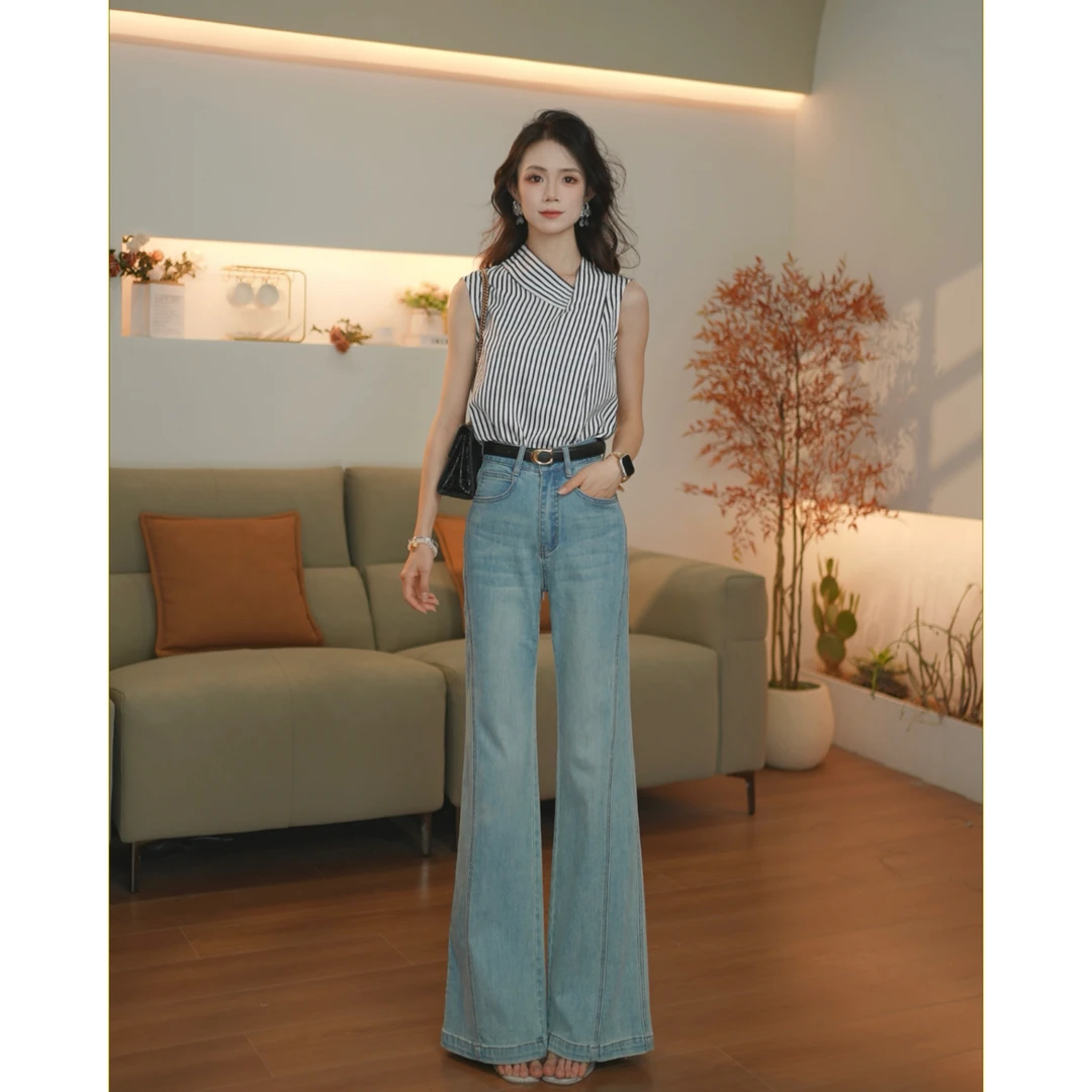 【欧若风】晴山蓝春夏薄款高腰提臀显瘦不贴腿微喇透气阔腿牛仔裤女