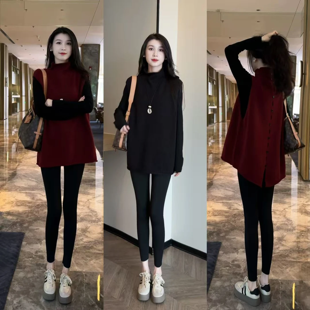 秋冬新款高领套头宽松针织马甲+打底衫+打底裤套装