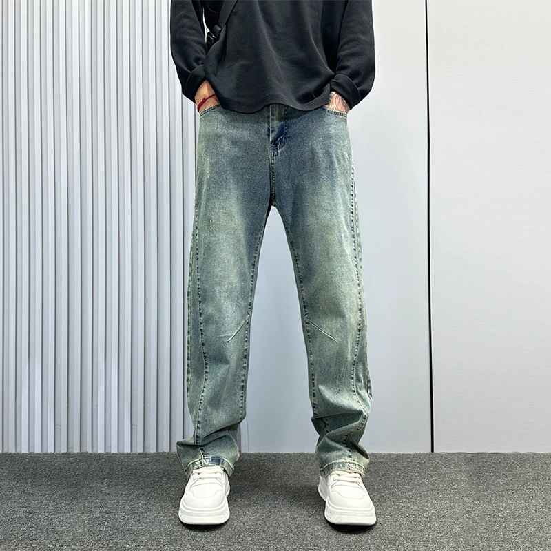 cleanfit蓝色窄版修身牛仔裤男秋季水洗美式裤子高腰显瘦微喇男裤