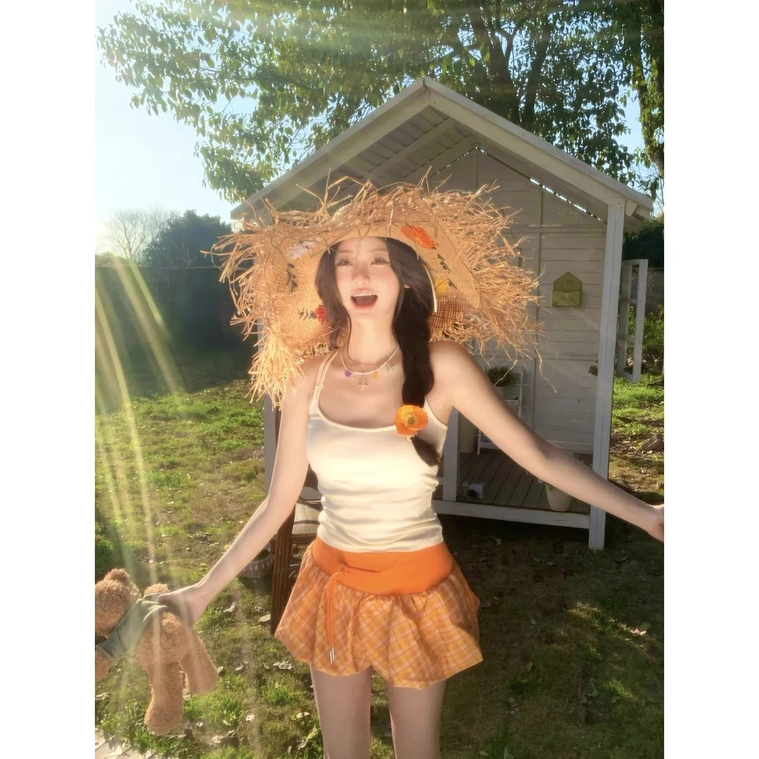 【DKZ~】复古橙色格纹花苞半身裙女夏季新款抽绳度假风辣妹短裙子