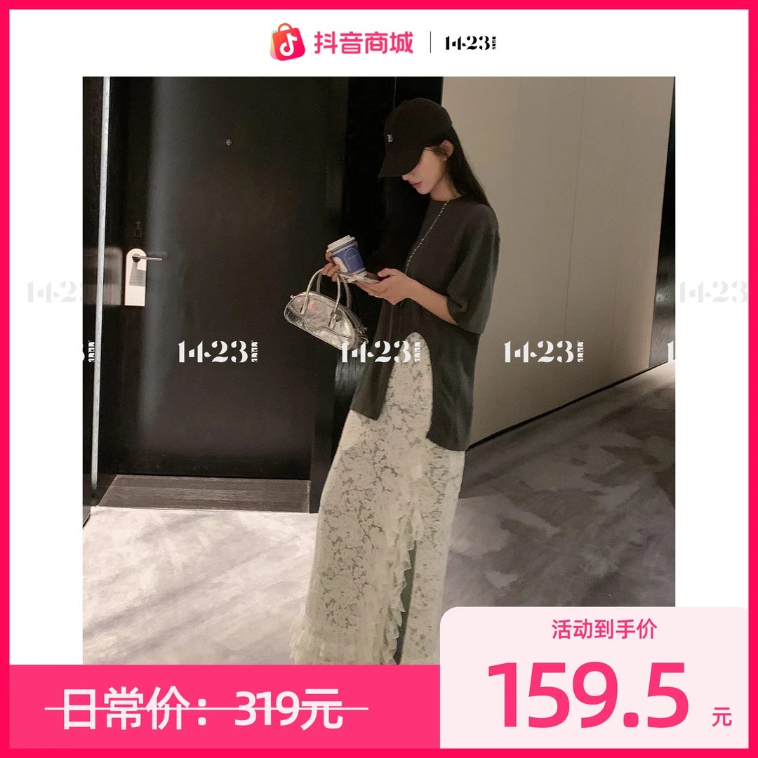 1423【甜蜜邂逅】设计款百搭挖边不规则个性女装T恤&蕾丝花边连衣裙