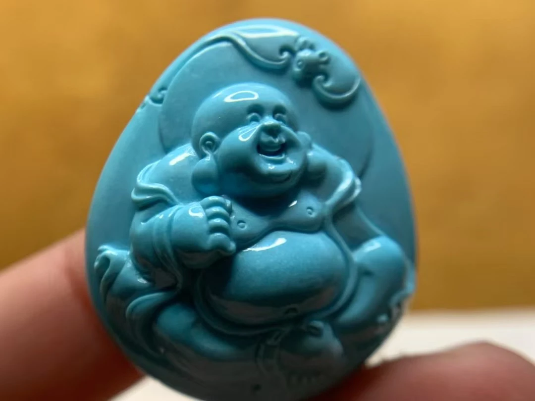 湖北原矿绿松石苏工高瓷蓝果冻料弥勒佛  26×31×16mm 14g