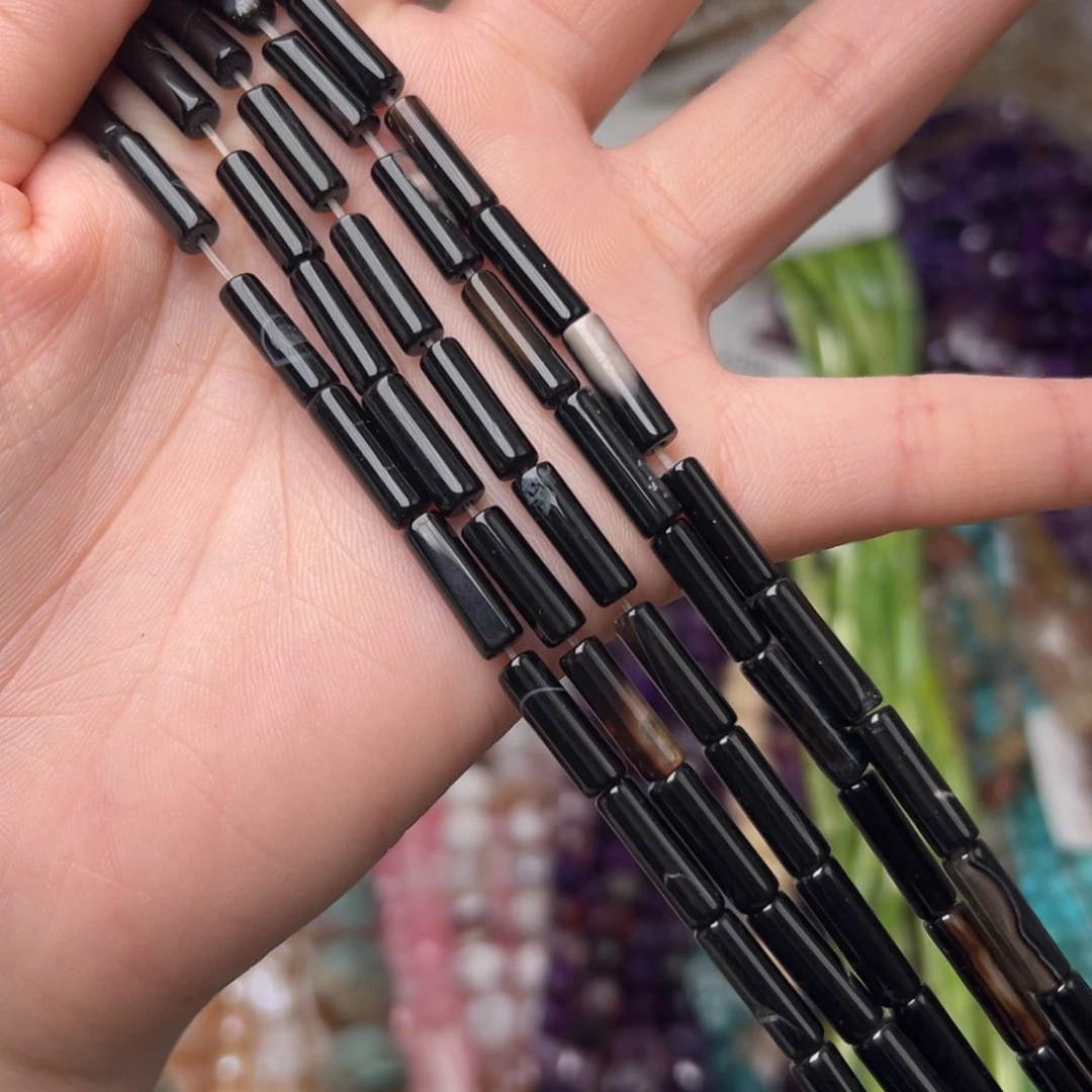 玛瑙/玉髓合金珠宝半成品L688。4.2mm天然黑玛瑙长管一条