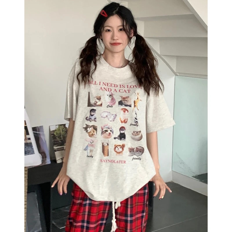 花灰色美式复古圆领短袖T恤女夏季新款猫咪字母印花情侣国潮上衣