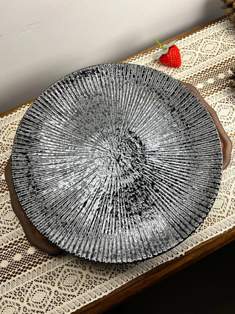 复古条纹浅盘粗陶餐具西餐沙拉盘牛排盘简约圆形陶瓷盘子意面盘