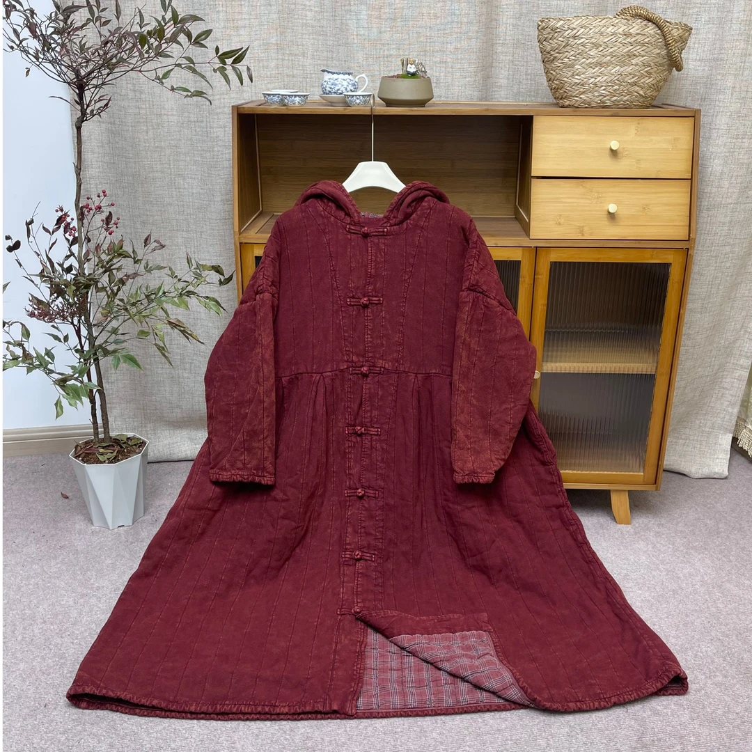 亚麻炒色做旧 大裙摆盘扣连帽款棉服长袍（衣长112 胸围140）