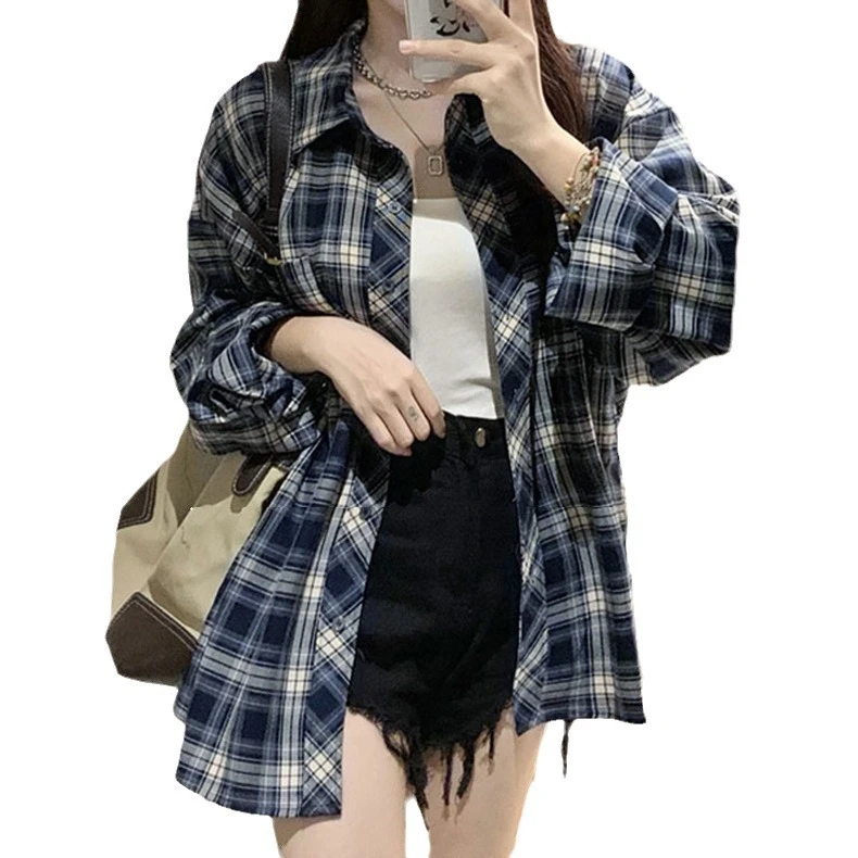 格子衬衫宽松百搭休闲中长款外套慵懒长袖女时尚气质复古薄款防晒