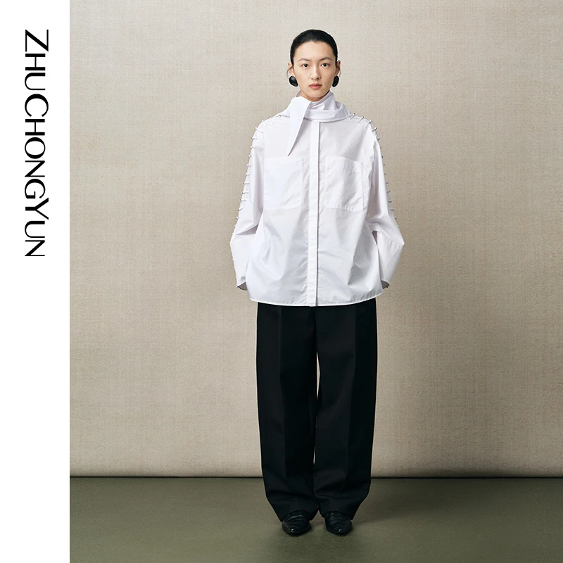 ZHUCHONGYUN2025春新款苗钉排扣大口袋宽松直身白色棉质衬衫上衣