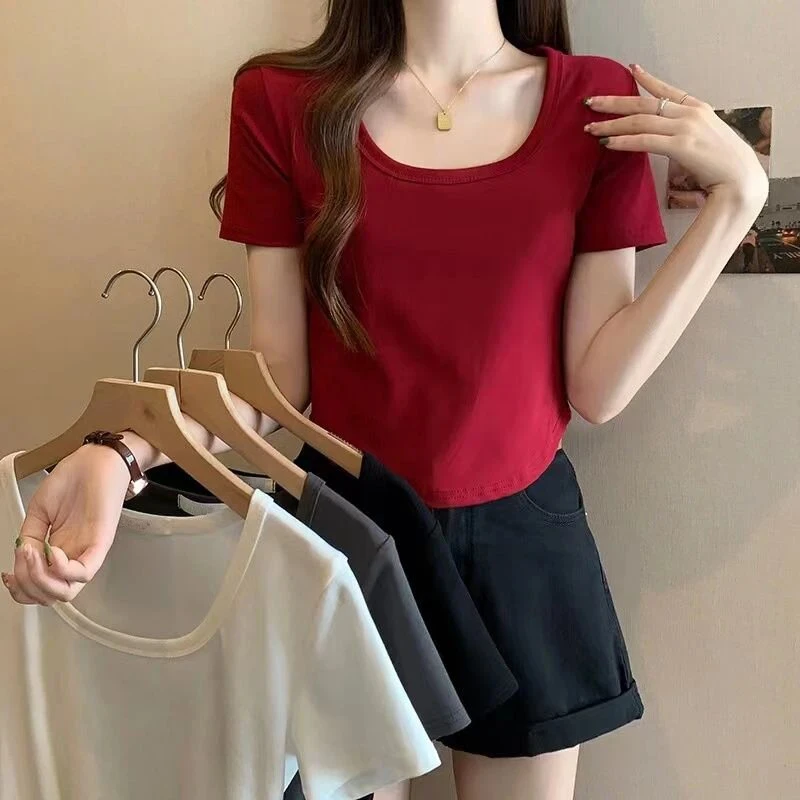 大码女装正肩T恤女2025新款夏季设计感方领显瘦胖妹妹百搭上衣服