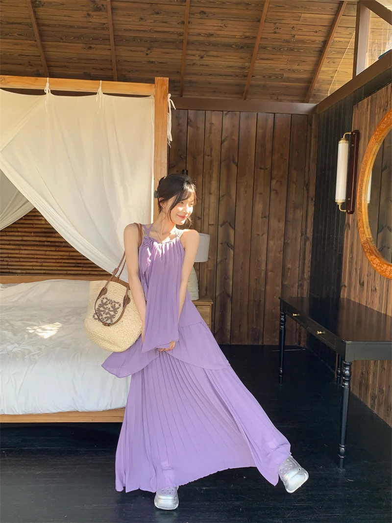 【NYPP】海边度假长裙法式超仙紫色吊带上衣百褶半身裙两件套装