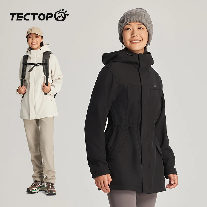 探拓收腰连帽软壳衣女秋冬防风防泼水登山户外徒步保暖中长款外套