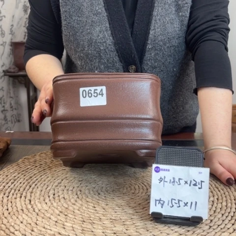 紫砂花盆紫泥款竹节四方0654