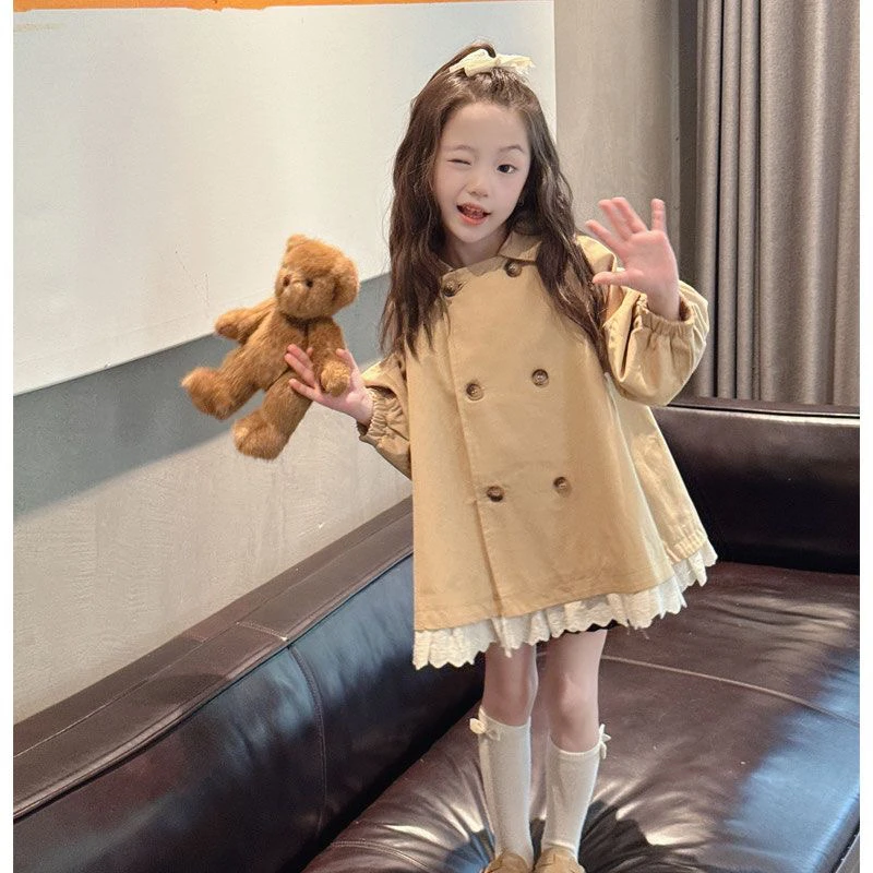 女宝宝秋装女童风衣外套2025儿童休闲上衣双层纯色中长款韩系外套