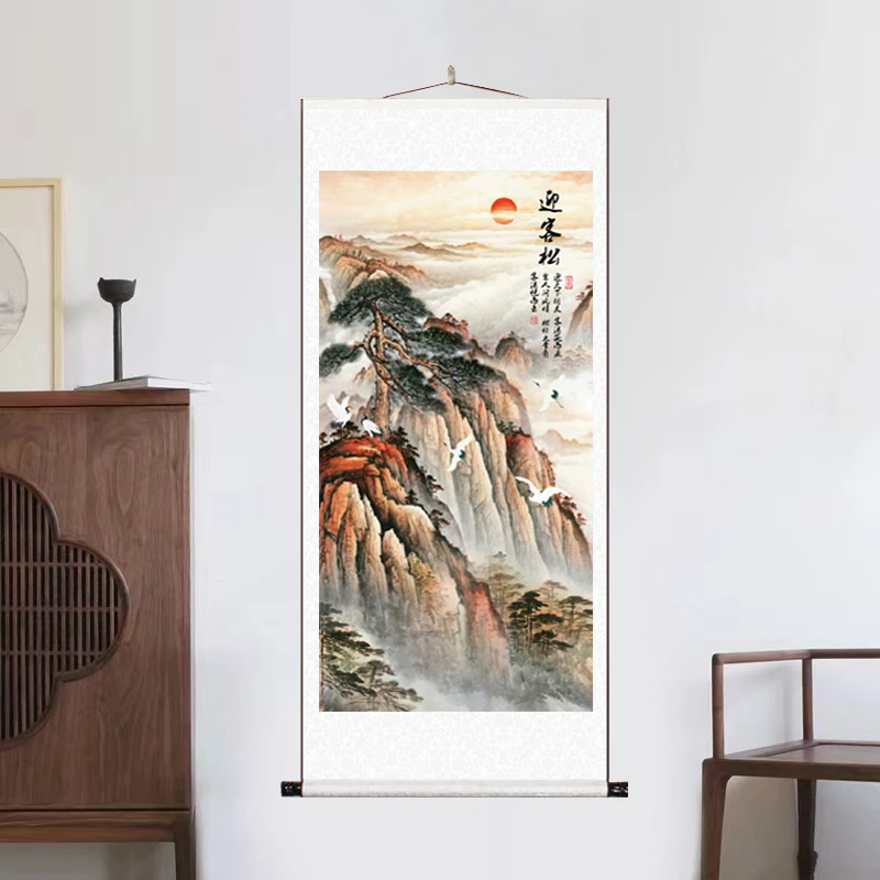 《迎客青松》大气背景墙竖幅挂画国风艺术山水画风景靠山图装饰画D7