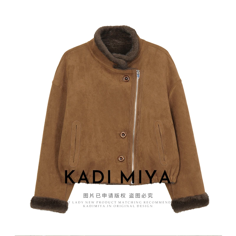 KADIMIYA【都市雅致】法式麂皮绒短款斜门襟时髦复古外套上衣