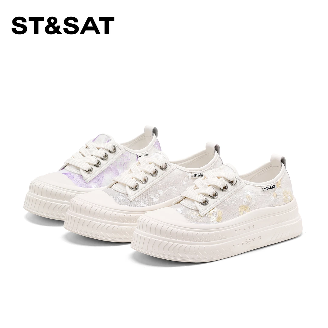 St&Sat/星期六小白鞋女士2025夏季新款网面刺绣潮流厚底百搭板鞋