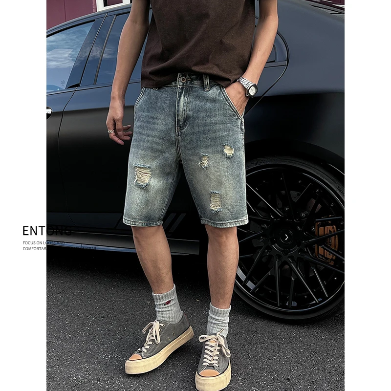 Entong美式街头复古潮牌宽松薄款破洞牛仔短裤男生夏季直筒裤子男