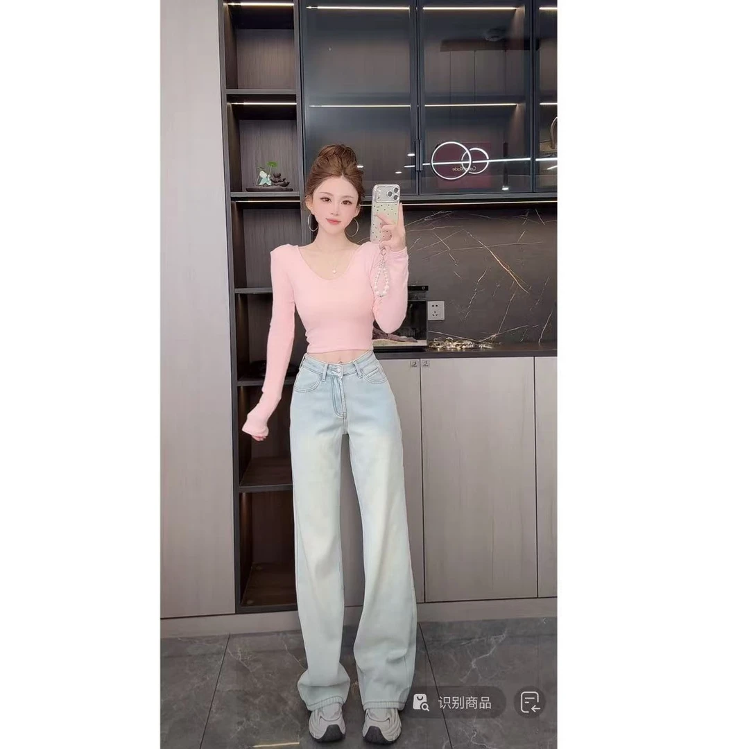 曼曼【暖绒牛仔】韩版加绒显高直筒阔腿牛仔裤Z1615#