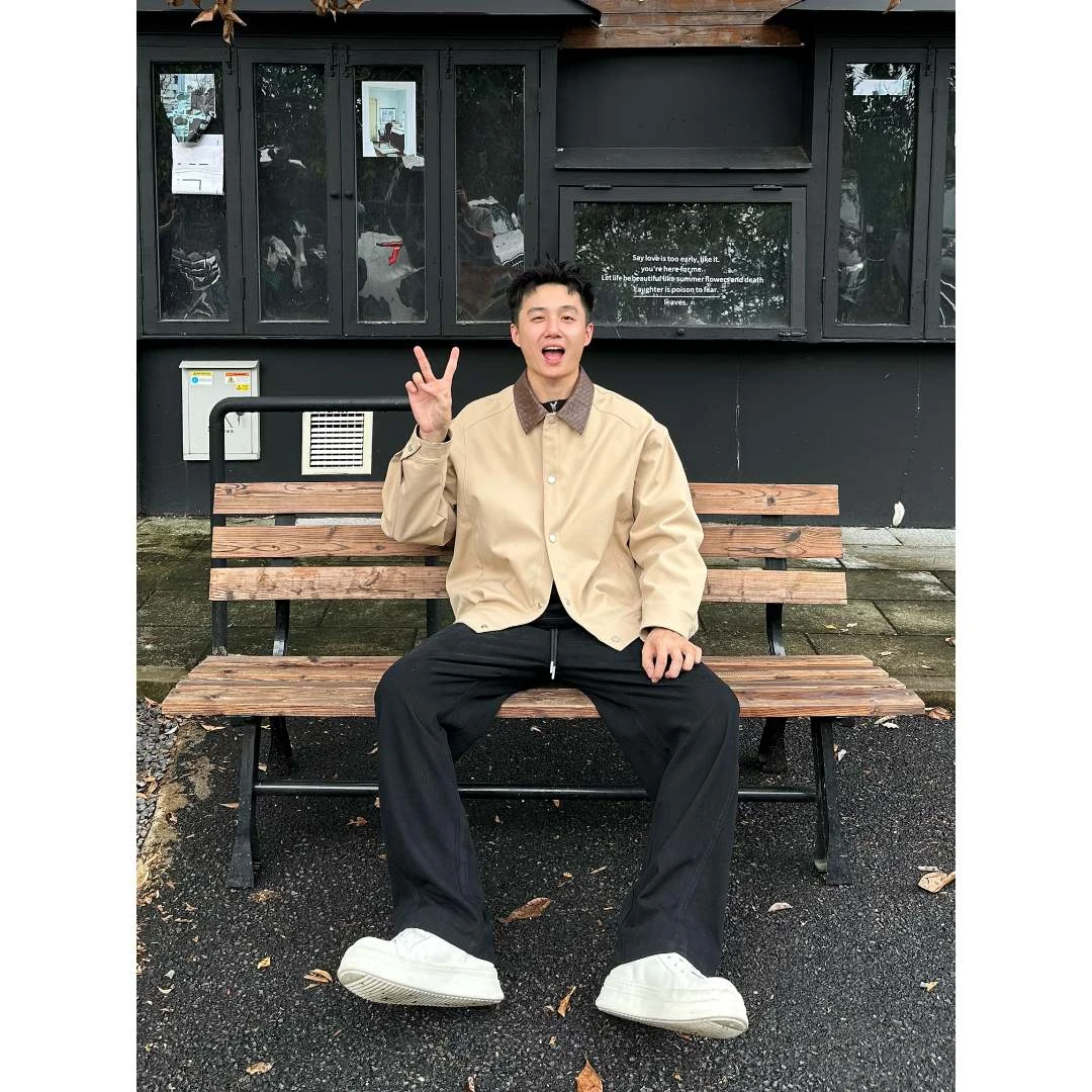 BIG林 美式复古定制编织领底特律休闲翻领夹克外套