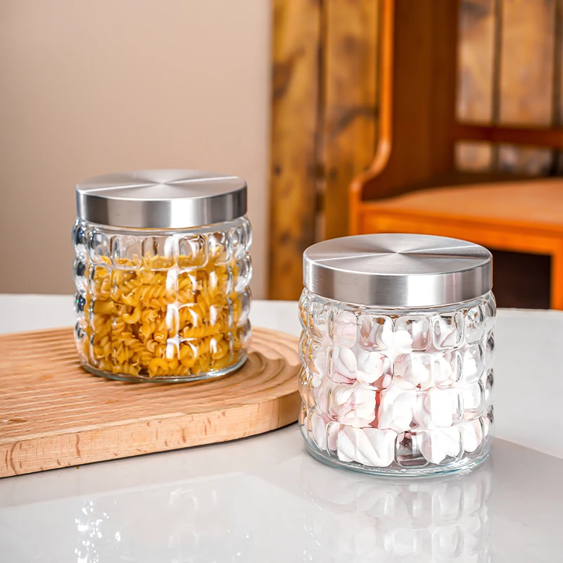 【2只装】多功能带盖加厚玻璃方格款储物罐家用干果零食杂粮密封罐